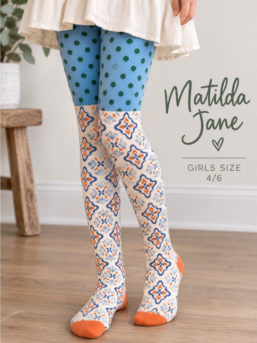 Matilda Jane Girls 4/6 Mixed Print Footed Tights Leggings Blue Orange